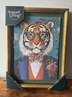 Framed Tiger Portrait Wall Art Tiger in Blue Suit Bow Tie Glasses Gold Frame NWT
